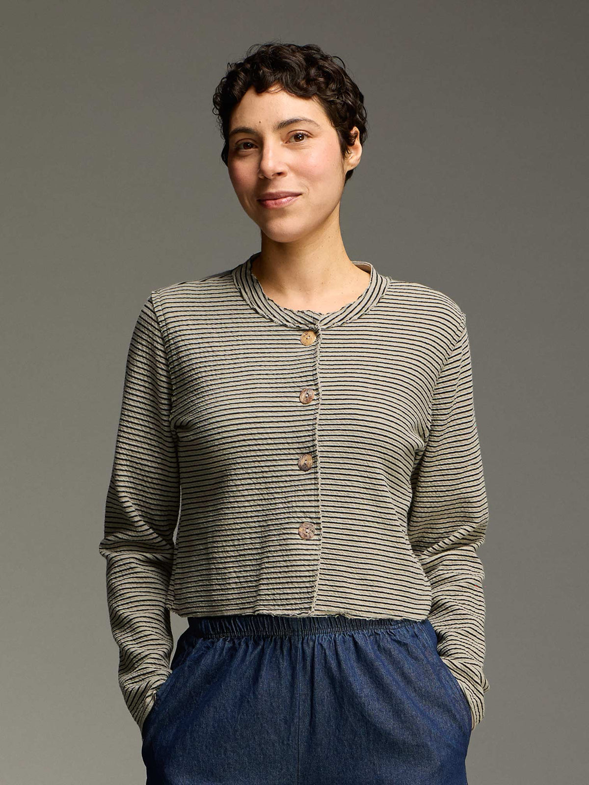 Cut Loose Womens Black Stripe Doublecloth Crop Asym Cardigan