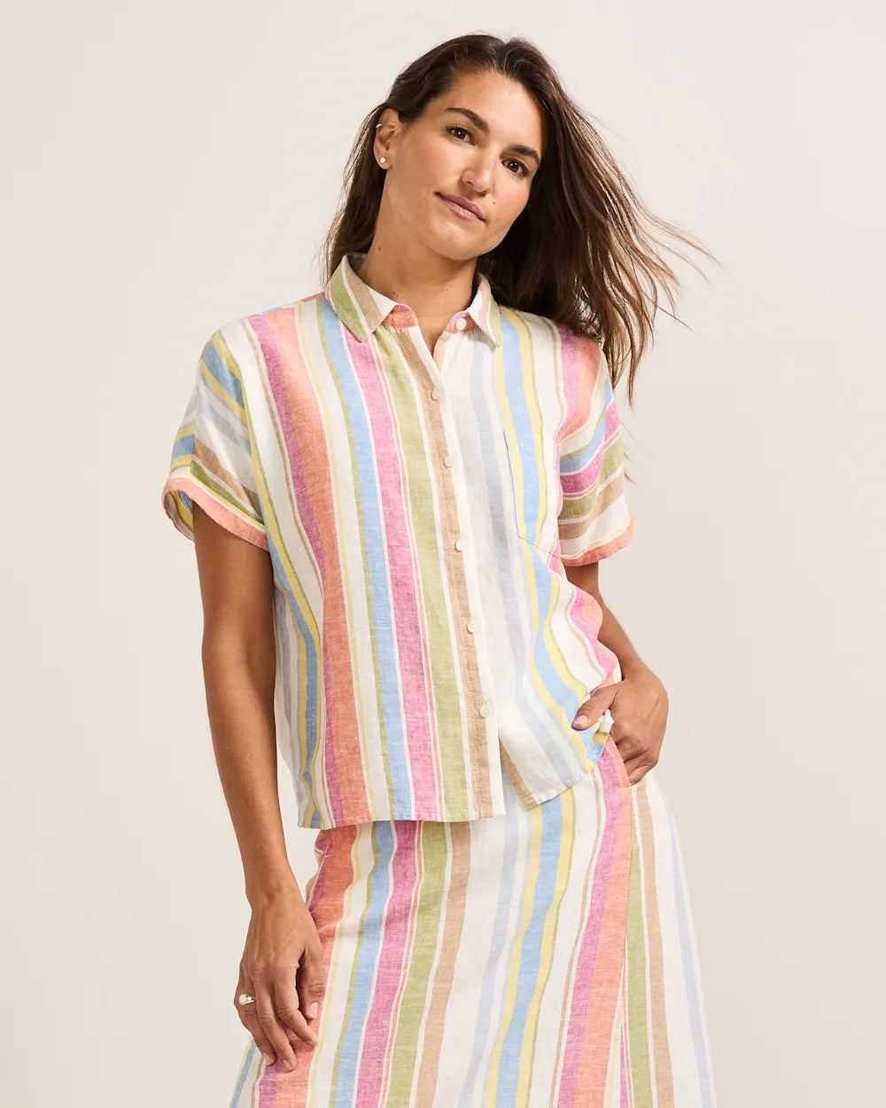 Pendleton Womens Short-Sleeve Stripe Linen Shirt