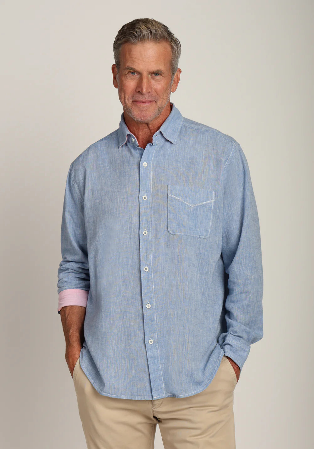 True Grit Mens Washed Melange Linen Long Sleeve Shirt