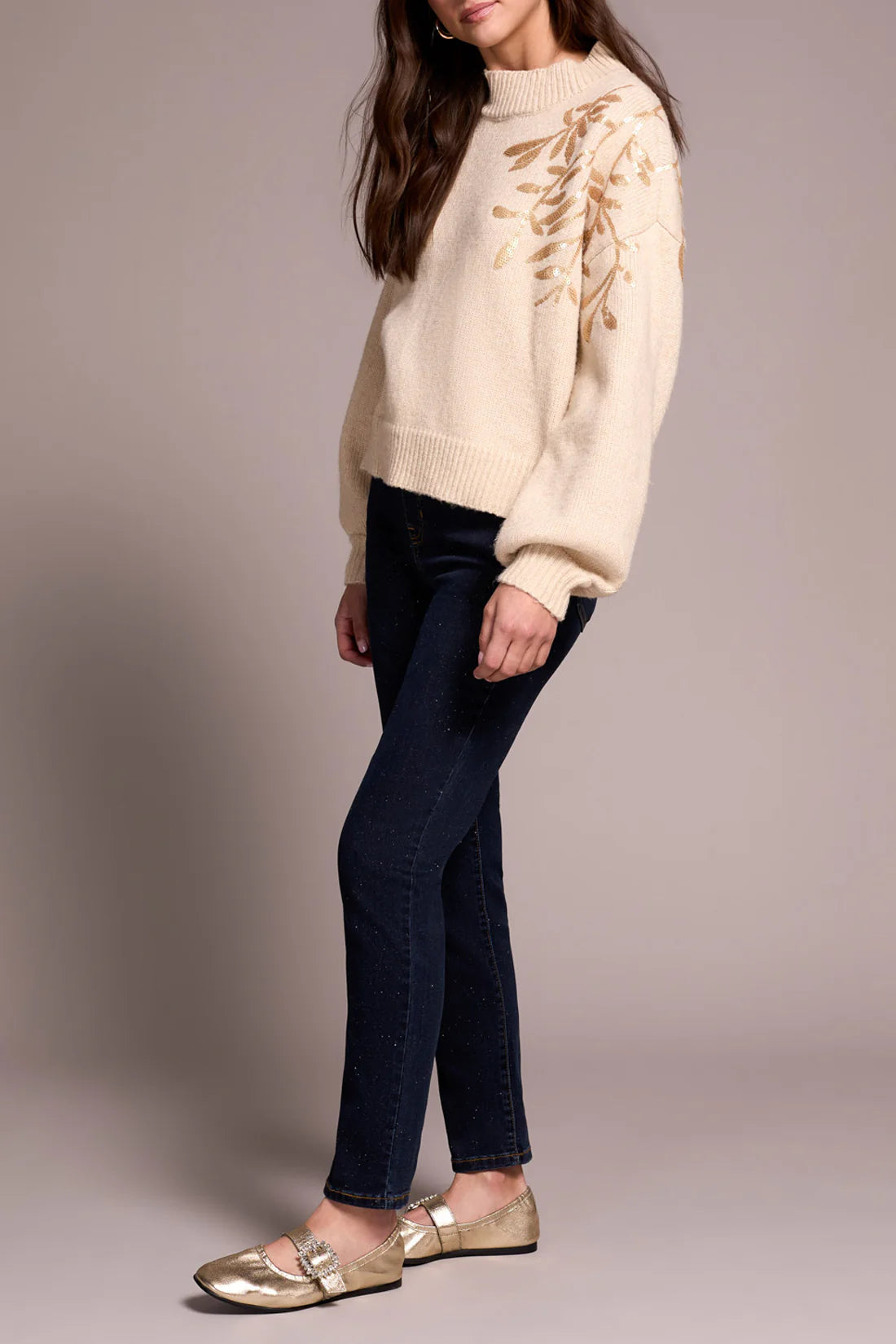 Tribal Womens Long Sleeve Mock Neck Sweater W/ Sequins