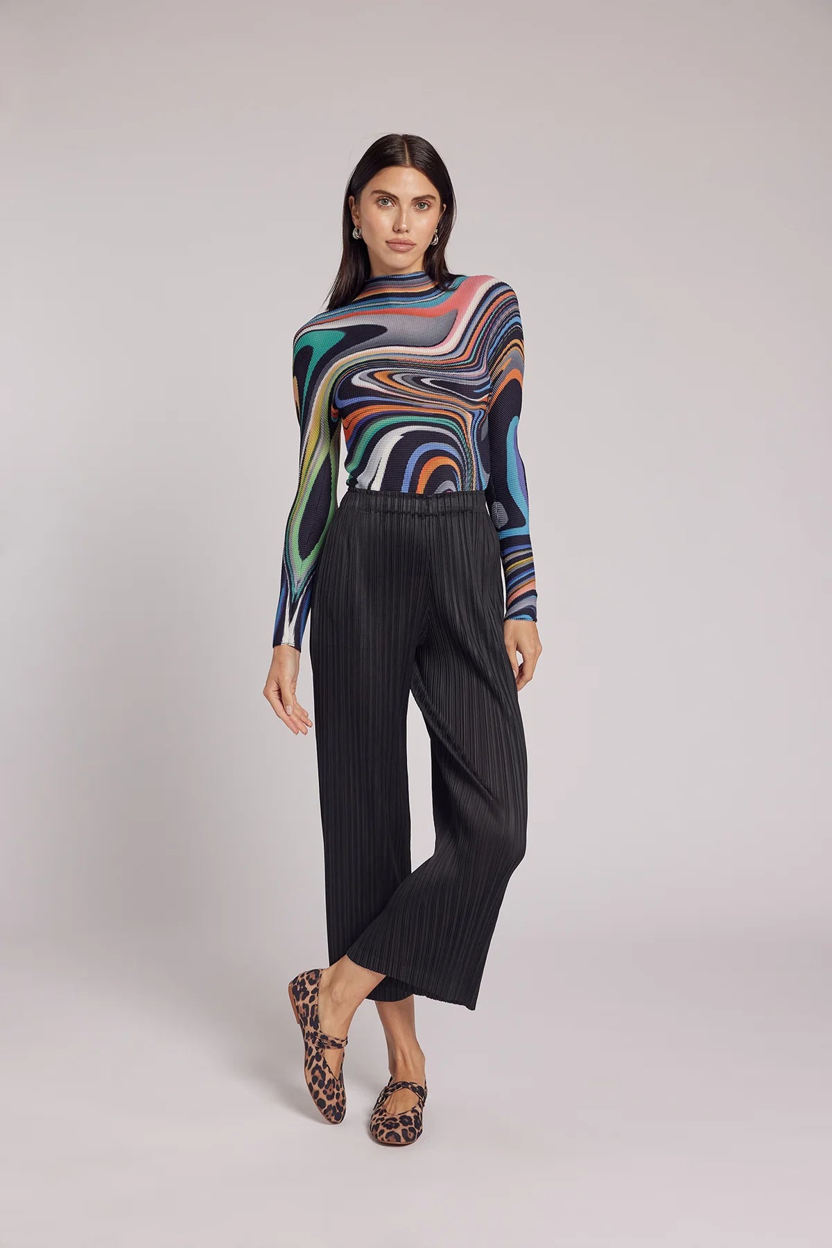 Wild Cosmos Womens Long Sleeve Emily Oil Paint 3D Honeycomb Texture Top Multicolor