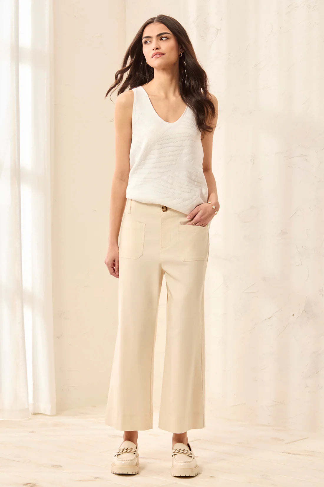 Tribal Womens Signature Stretch Twill Button‑Front Wide‑Leg Ankle Pants