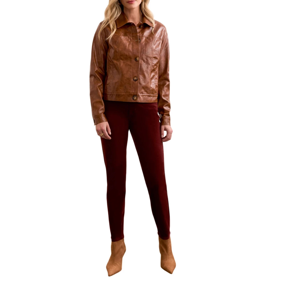 Tribal Womens Faux Leather Button Front Jacket