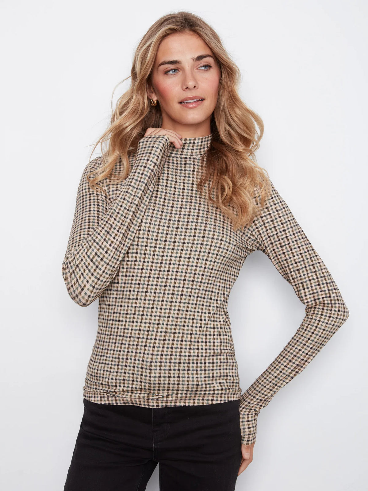 Charlie B Womens Plaid Print Mock Neck Top