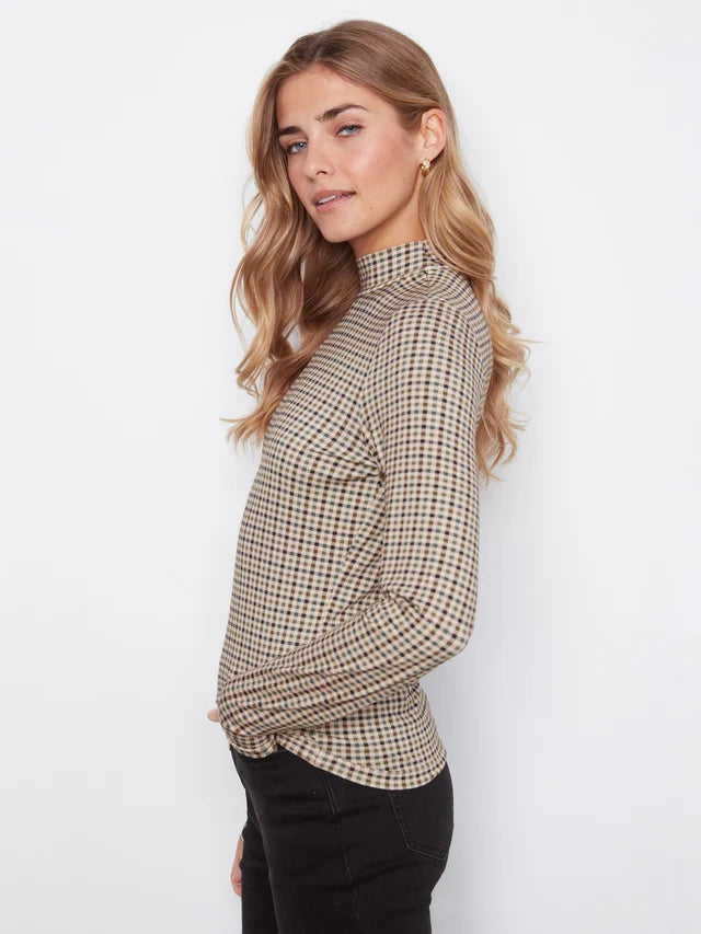 Charlie B Womens Plaid Print Mock Neck Top