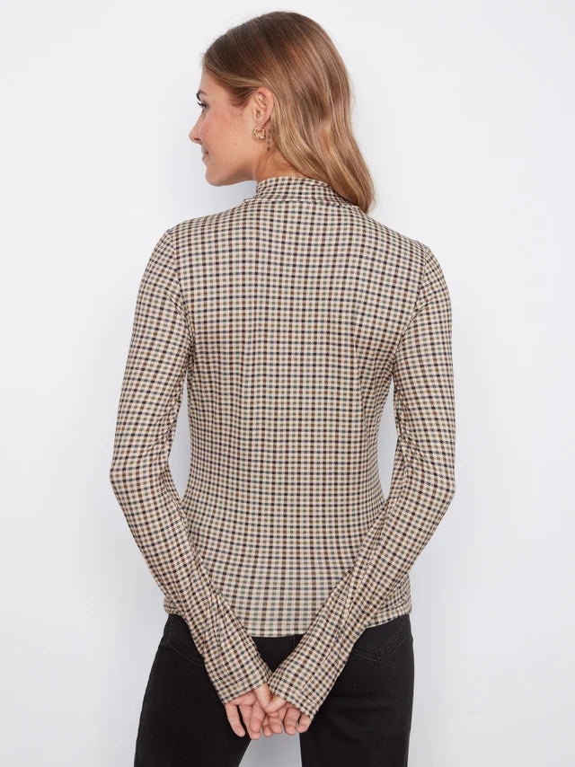 Charlie B Womens Plaid Print Mock Neck Top