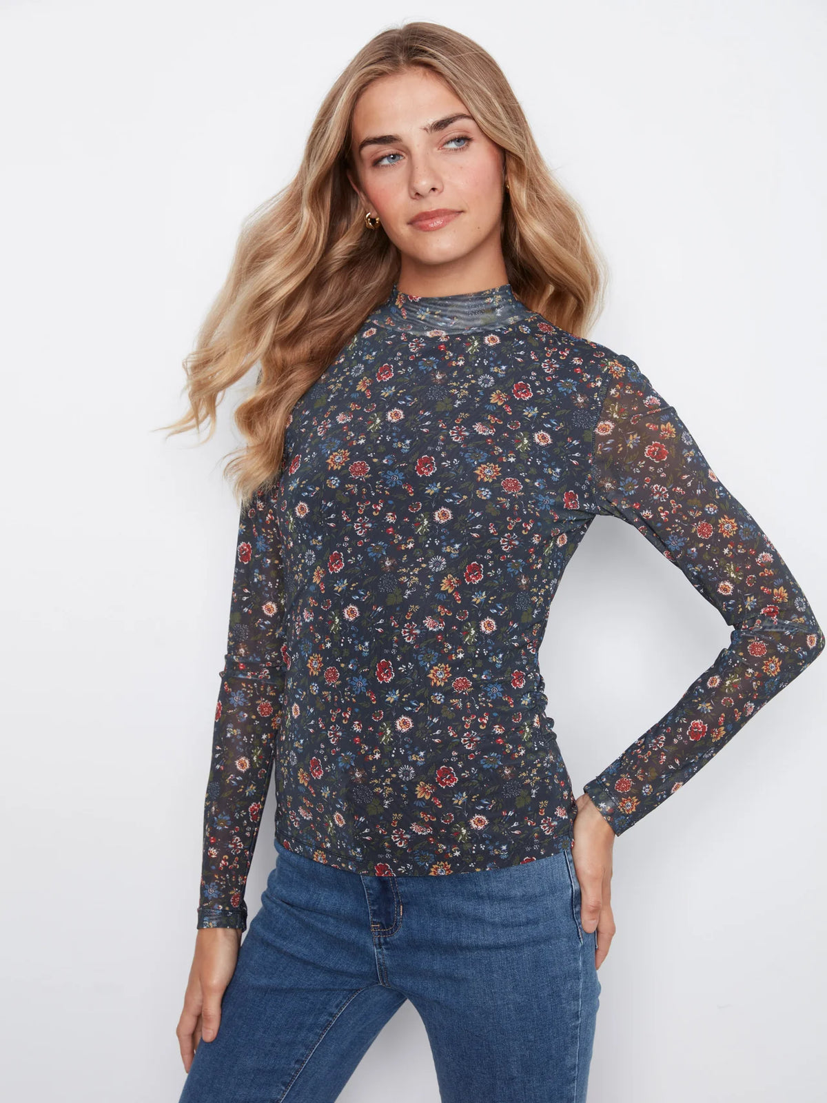 Charlie B Womens Printed Mesh Mock Neck Top
