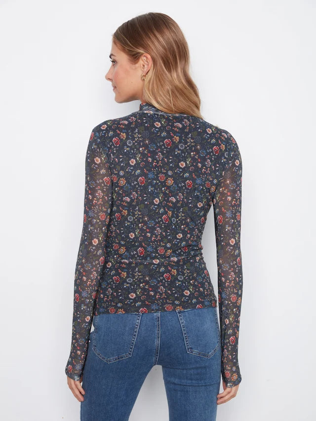 Charlie B Womens Printed Mesh Mock Neck Top