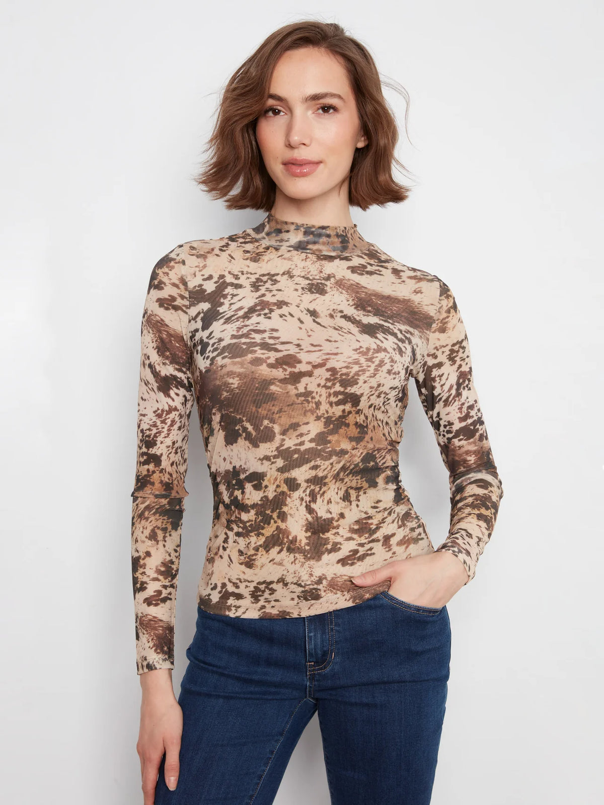 Charlie B Womens Printed Mesh Mock Neck Top