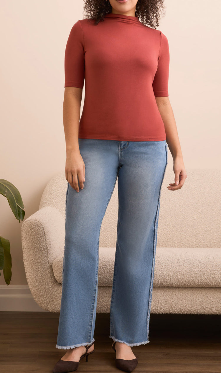 Tribal Womens Funnel Neck Elbow Sleeve Knit Shirt