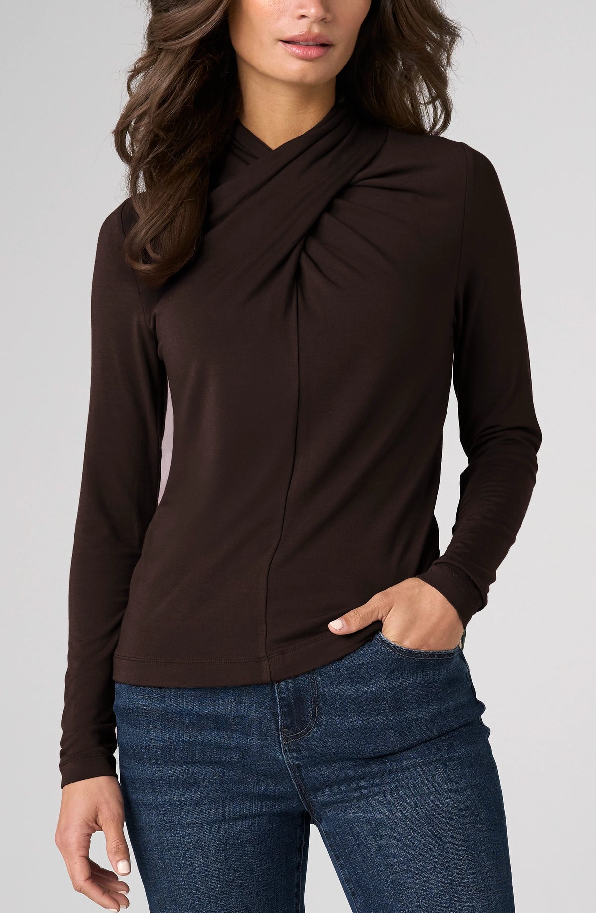 Liverpool Womens Long Sleeve Wrap Neck Knit Top