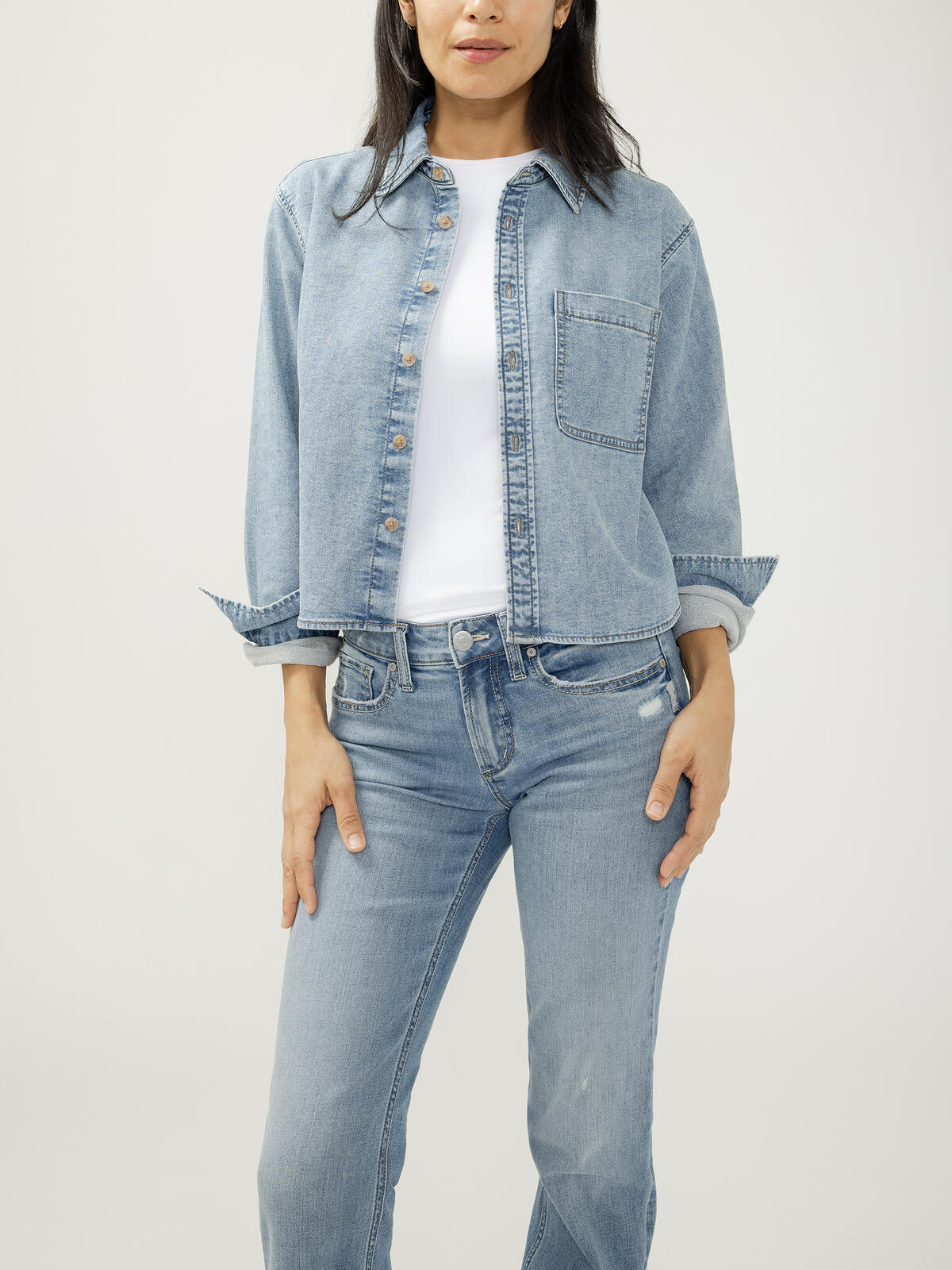 Silver Jeans Co. Womens Button Front Knit Flex Shirt