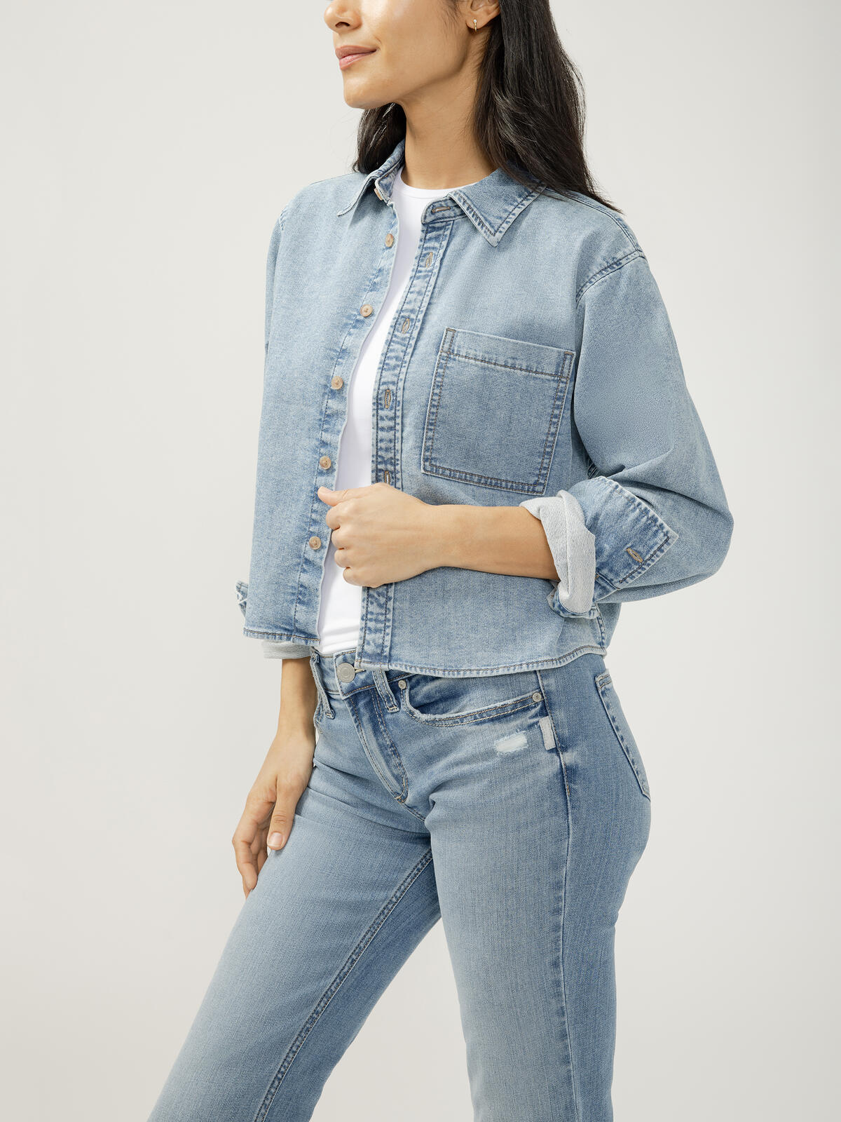 Silver Jeans Co. Womens Button Front Knit Flex Shirt