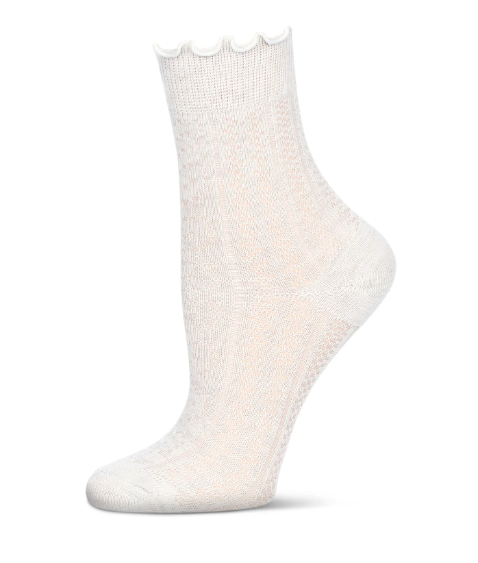 MeMoi Womens Heart Ruffle Cuff Pointelle Crew