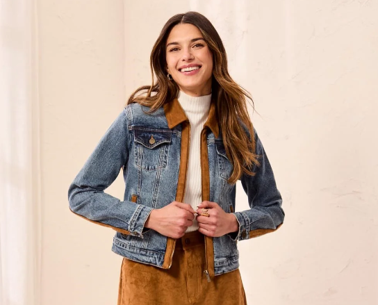 Tribal Womens Mixed Media Zip Front Denim Jacket With Suede Trim