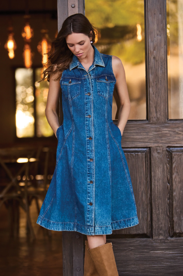 Tribal Womens Fit-And-Flare Button Front Collared Denim Dress