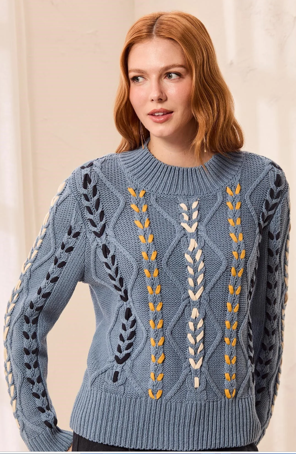 Tribal Womens Contrast Lace-Up Cable Knit Crew Neck Sweater