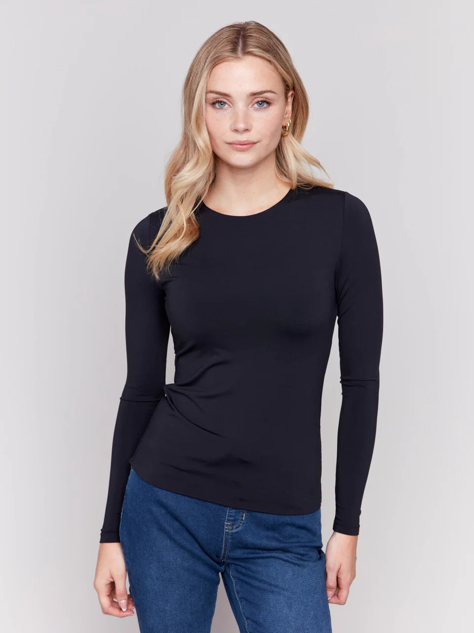 Charlie B Womens Double Cloth Long Sleeve Crew Neck