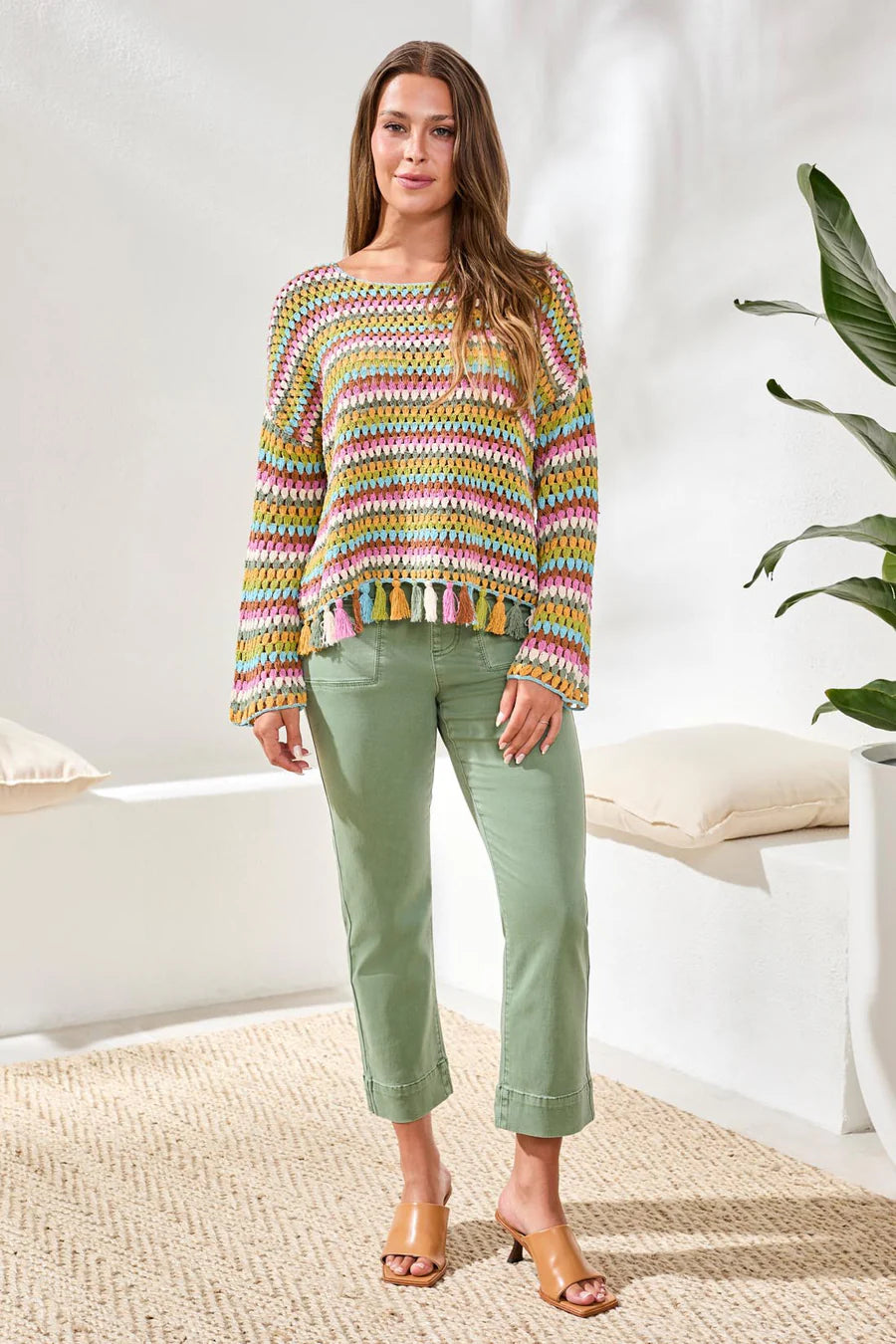 Tribal Womans Long Bell Sleeve Sweater W/Tassel Trim