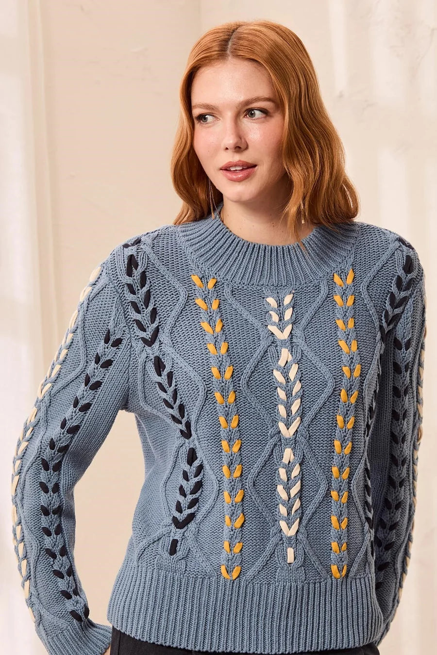 Tribal Womens Contrast Lace-Up Cable Knit Crew Neck Sweater