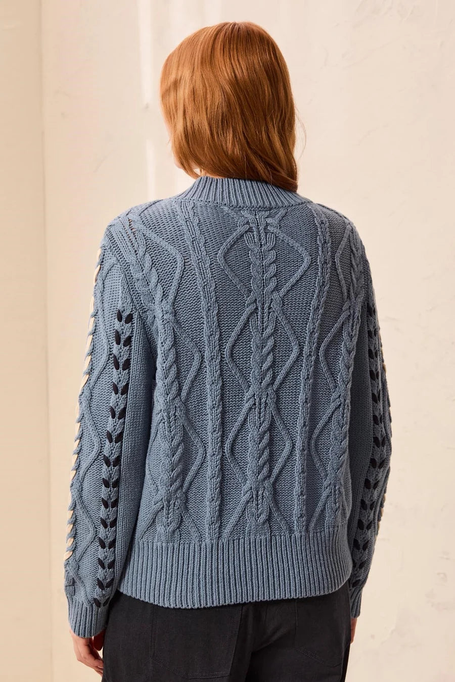 Tribal Womens Contrast Lace-Up Cable Knit Crew Neck Sweater