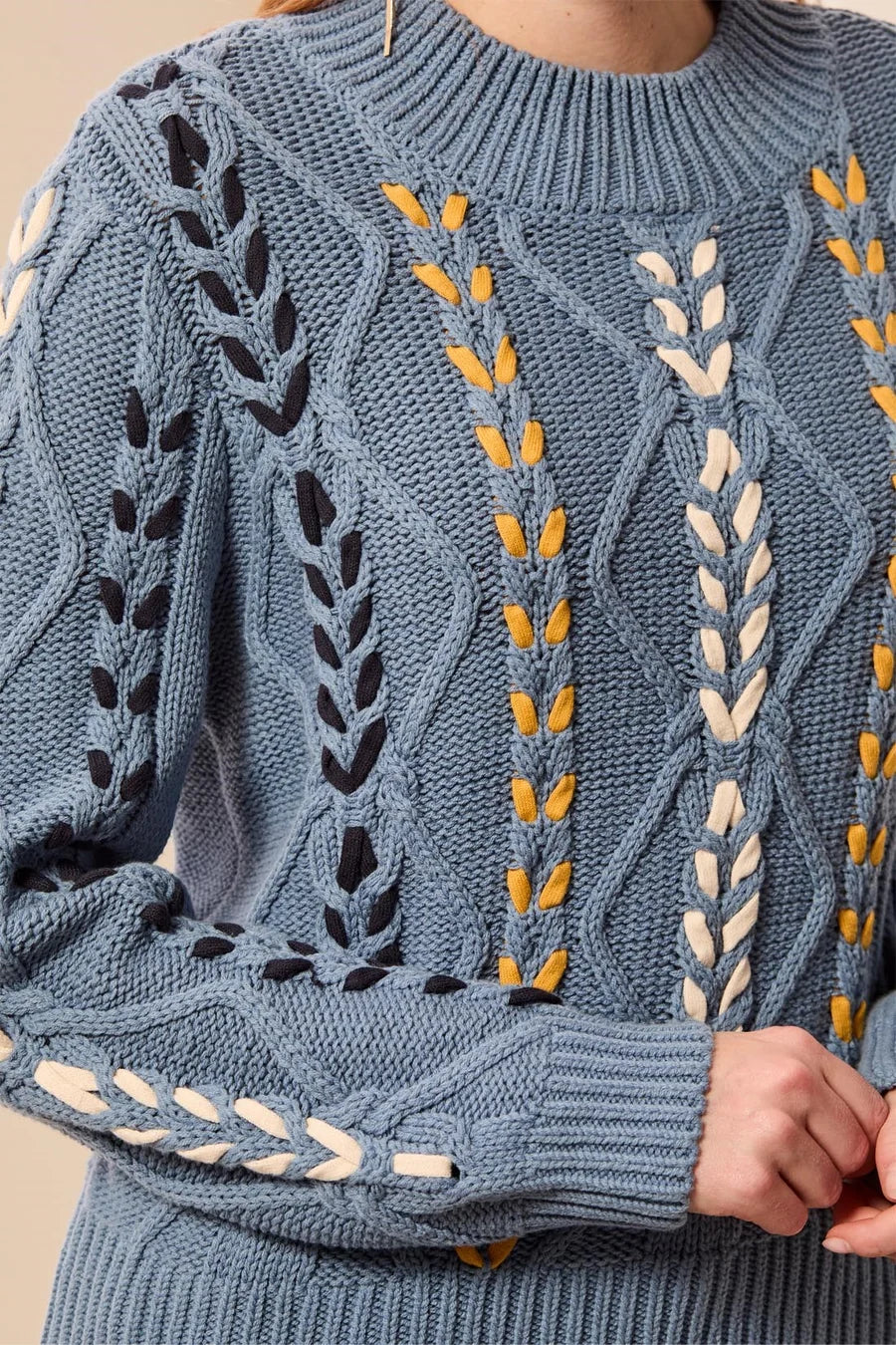 Tribal Womens Contrast Lace-Up Cable Knit Crew Neck Sweater