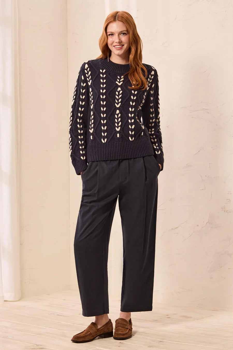 Tribal Womens Contrast Lace-Up Cable Knit Crew Neck Sweater