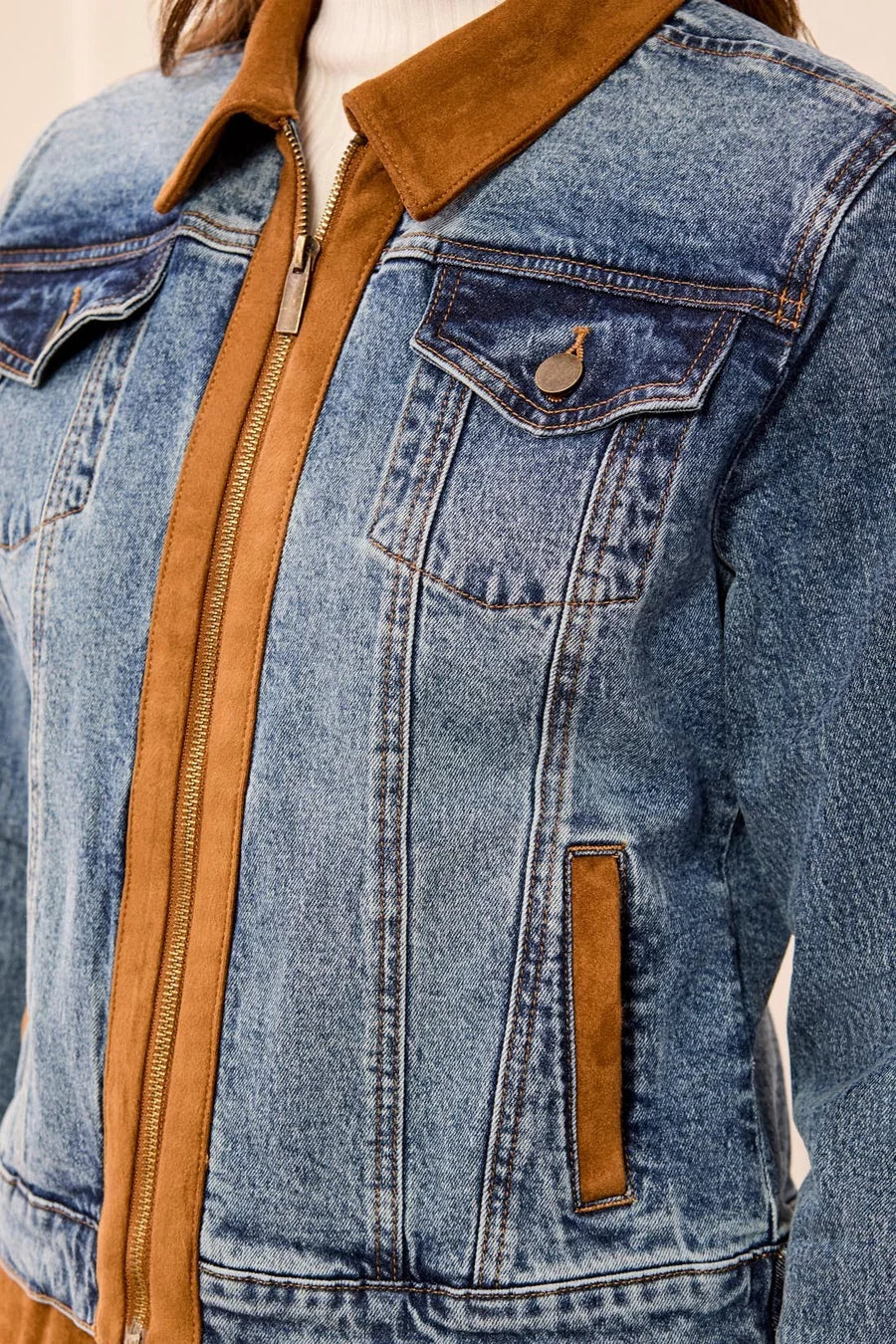 Tribal Womens Mixed Media Zip Front Denim Jacket With Suede Trim