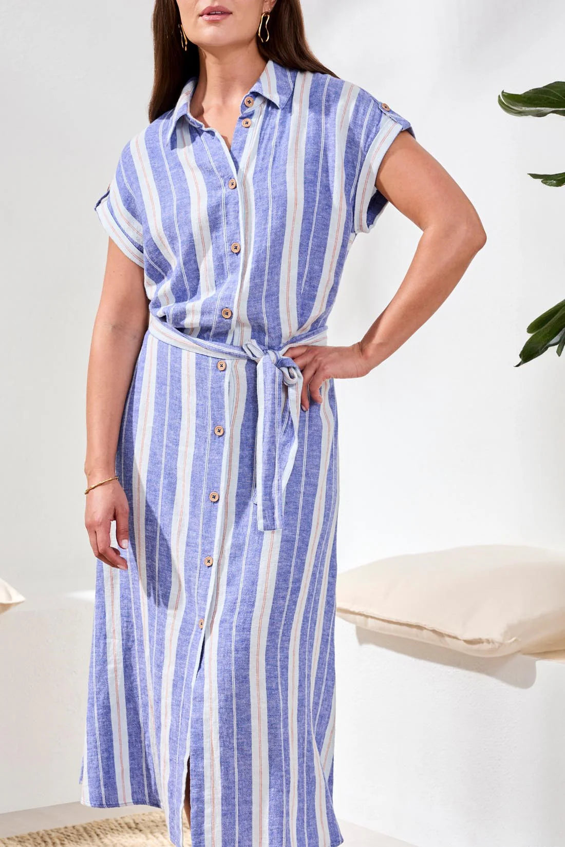 Tribal Womens Short-Sleeve Striped Shirt Dress