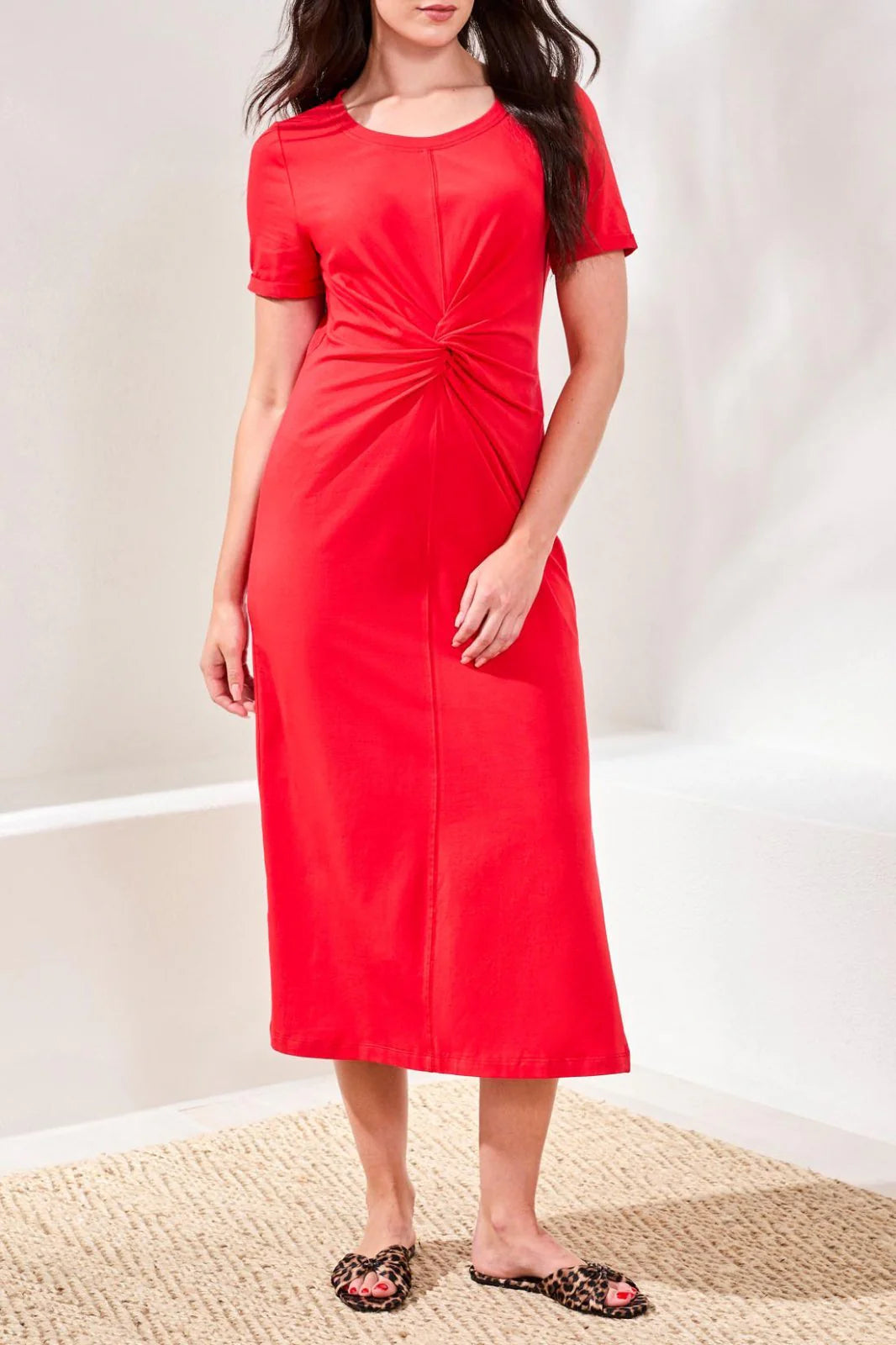 Tribal Womens Short Sleeve Midi Dress W/Front Twist