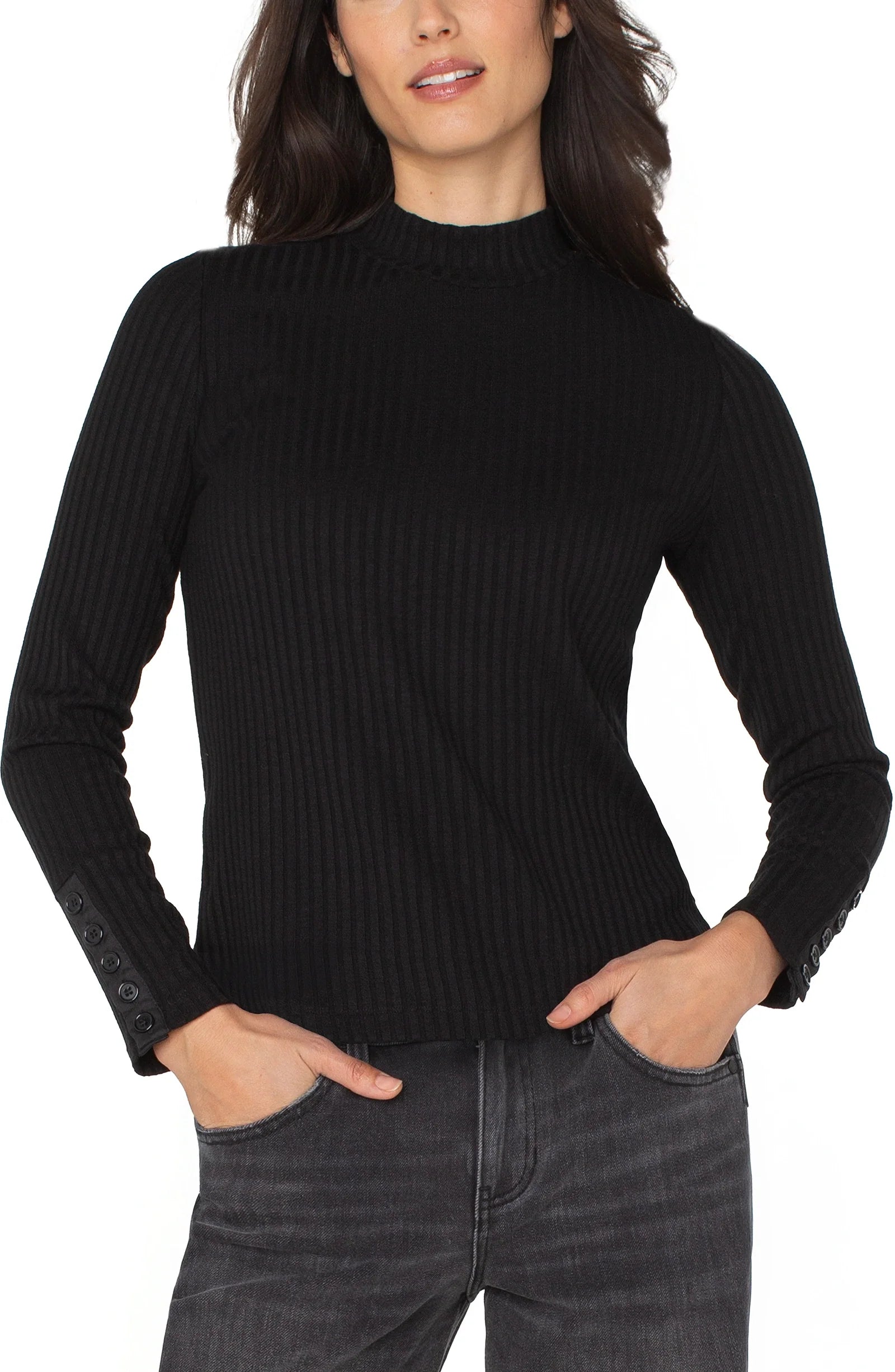 Liverpool Womens Long Sleeve Mock Neck Knit Top W/ Button Detail